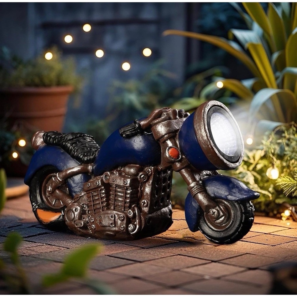 Solar Outdoor Garden Statue Motorcycle, Resin Motorcycle Sculpture with LED L...